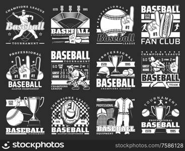 Baseball sport game championship vector icons with balls, bats and winner trophy cup, players, stadium play field, catcher gloves and helmets, scoreboard and foam finger. Sporting competition emblems. Baseball players with bats, balls and trophy cups