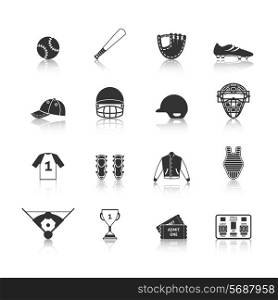 Baseball sport game equipment black icons set of match tickets scoreboard and trophy silhouette isolated vector illustration