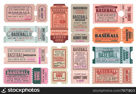 Baseball sport game retro tickets templates set. Team competition cup or sport event entrance vintage pass. Baseball ch&ionship paper tickets, admit cards separated in two parts with perforation. Baseball sport game retro tickets vector templates