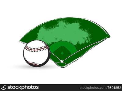 Baseball sport game vector ball and diamond play field of stadium or ballpark with bases, home plate, infield and grass line, foul lines and outfield. Baseball championship and tournament match design. Baseball sport game ball and diamond play field