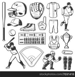 Baseball sport game vector icons ball, bat or winner trophy cup. Stadium play field, pitcher player helmet and scoreboard, catcher glove, sporting items, equipment and uniform. Baseball club signs set. Baseball sport game vector icons or signs set