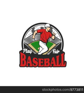 Baseball sport icon with runner player, softball team vector emblem. Baseball league badge with ch&ion catcher or pitcher on arena, baseball tournament or ch&ionship game. Baseball or softball ch&ionship and team emblem