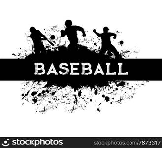 Baseball sport player with bat and ball vector black silhouettes. Baseball team catcher, batter, pitcher and runner pitching, hitting and catching, banner with players, paint splatters and splashes. Baseball sport player silhouettes with bat, balls