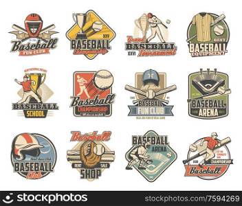 Baseball sport retro icons with vector balls, bats and trophies. Championship winner cup, player and arena play field, team uniform cap, glove and jersey, catcher helmet, mask, pad and mitt badges. Baseball ball, bat, player and trophy, sport icons