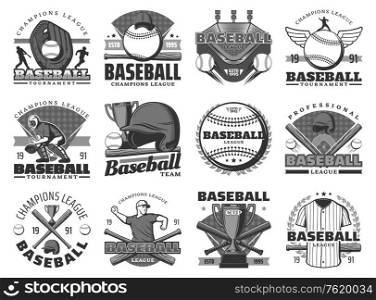 Baseball sport, team club badges or league tournament icons. Vector baseball or softball game championship season, player bat and ball with safety helmet and equipment. Baseball sport, team club tournament icons