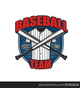 Baseball sport team icon or softball team club vector symbol. Baseball varsity team emblem with catcher or pitcher shirt uniform and crossed bats, tournament or ch&ionship game sign. Baseball sport team icon, softball team club badge