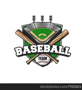 Baseball sport team icon. Vector ball, crossed bats and stadium. Baseball player equipment and arena field isolated icon for sport club or tournament design. Baseball sport team icon, ball, bats and stadium