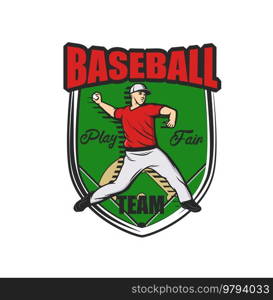 Baseball sport team icon with pitcher and ball, softball club badge, vector. Baseball varsity team tournament or ch&ionship game emblem with player pitching ball on diamond field. Baseball sport team icon with, pitcher and ball