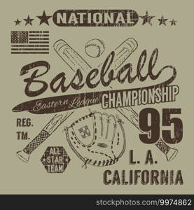 Baseball sport typography, Eastern league los angeles, sketch of crossed baseball batsand glove t-shirt Printing design graphics, vector illustration poster, Badge Applique Label.. Baseball sport typography, Eastern league los angeles, sketch of crossed baseball batsand glove t-shirt Printing design graphics, vector illustration poster, Badge Applique Label