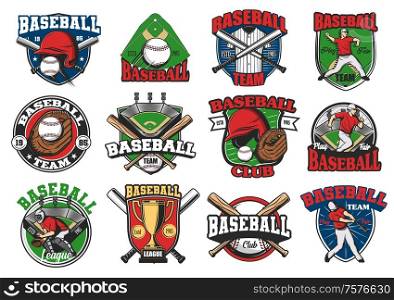 Baseball sport vector icons and badges, game cup and team symbols. Softball school, team, league icons of baseball, catcher player and batter with bat and ball. Baseball sport game vector icons