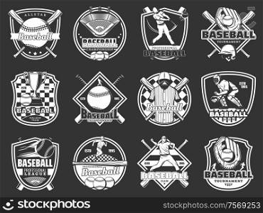 Baseball sport. Vector isolated icons of bat and ball game, quarterback player and trophy cup, field and stadium, glove, sportsman uniform and playing equipment. Baseball sport isolated vector monochrome icons