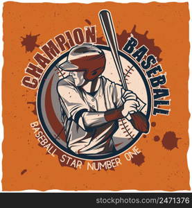 Baseball t-shirt label design with illustration of baseball player. Baseball t-shirt label design.