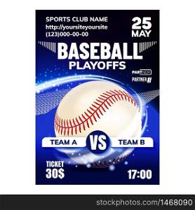 Baseball Team Activity Sport Notice Banner Vector. Baseball Leather Ball And Bat Player Equipment On Field Base. Sporty Round Sphere Tool, Batting And Fielding Color Concept Layout Illustration. Baseball Team Activity Sport Notice Banner Vector