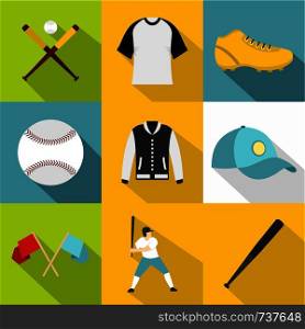 Baseball tournament icon set. Flat style set of 9 baseball tournament vector icons for web design. Baseball tournament icon set, flat style