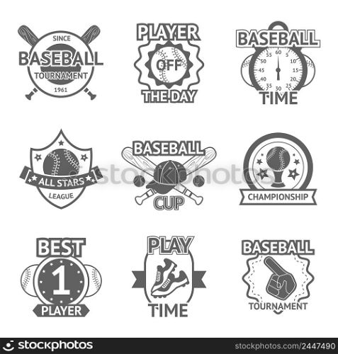 Baseball tournament player championship black emblems set isolated vector illustration