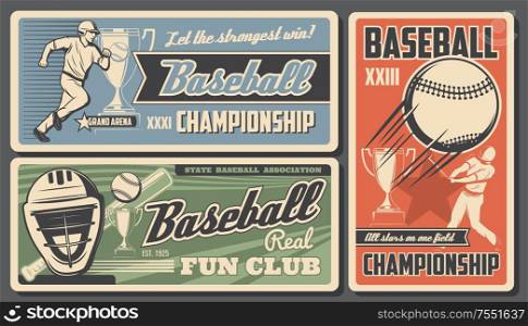 Baseball victory cup championship college fan club and sport league tournament. Vector vintage retro posters, softball team and baseball professional game on grand arena. Baseball fan club, sport team championship