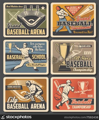Baseball victory cup championship, team league playoff tournament at grand arena vintage retro posters. Vector baseball school fan club and college softball team sport. Baseball sport arena, grand cup tournament