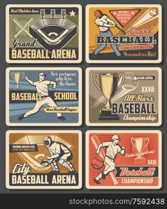 Baseball victory cup championship, team league playoff tournament at grand arena vintage retro posters. Vector baseball school fan club and college softball team sport. Baseball sport arena, grand cup tournament