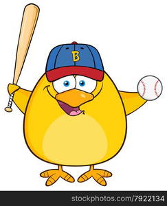 Baseball Yellow Chick Cartoon Character Swinging A Baseball Bat And Ball