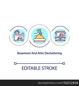 Basement and attic decluttering concept icon. Visualize space in improved state. Pick category of items. Clean idea thin line illustration. Vector isolated outline RGB color drawing. Editable stroke. Basement and attic decluttering concept icon
