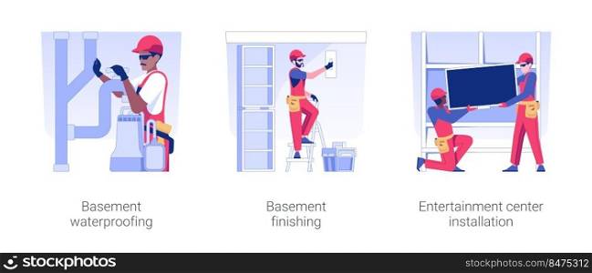 Basement design services isolated concept vector illustration set. Basement waterproofing and finishing, entertainment center installation, repair service contractors vector cartoon.. Basement design services isolated concept vector illustrations.