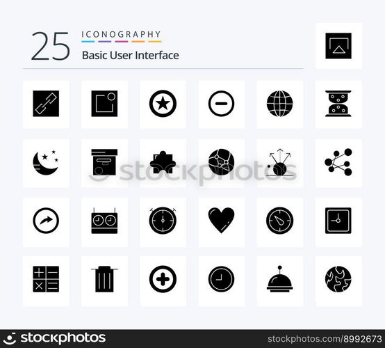 Basic 25 Solid Glyph icon pack including mode. loading. basic. hourglass. globe