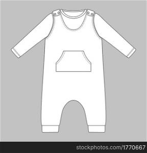 basic baby sleeveless romper with press studs on shoulder and kangaroo pocket with long sleeve top. Flat sketch template isolated on grey background