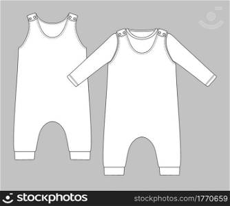 basic baby sleeveless romper with press studs on shoulder and long sleeve top. Flat sketch template isolated on grey background