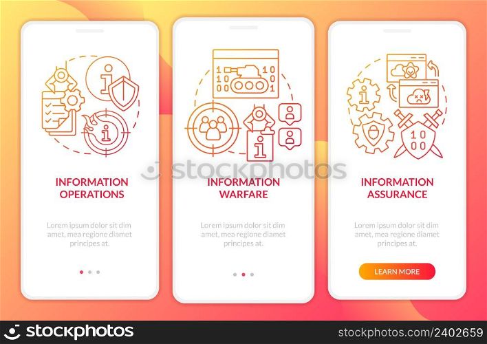 Basic definitions red gradient onboarding mobile app screen. Walkthrough 3 steps graphic instructions pages with linear concepts. UI, UX, GUI template. Myriad Pro-Bold, Regular fonts used. Basic definitions red gradient onboarding mobile app screen