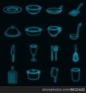 Basic dishes icons set. Illustration of 16 basic dishes vector icons neon color on black. Basic dishes icons set vector neon