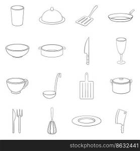 Basic dishes set icons in outline style isolated on white background. Basic dishes icon set outline