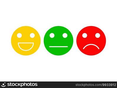 Basic emoticons set. Three facial expression for feedback - positive, neutral and negative. Symbol of client satisfaction level. Vector illustration isolated on white background.