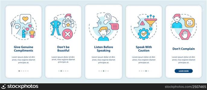 Basic etiquette rules onboarding mobile app screen. Set of norms walkthrough 5 steps graphic instructions pages with linear concepts. UI, UX, GUI template. Myriad Pro-Bold, Regular fonts used. Basic etiquette rules onboarding mobile app screen
