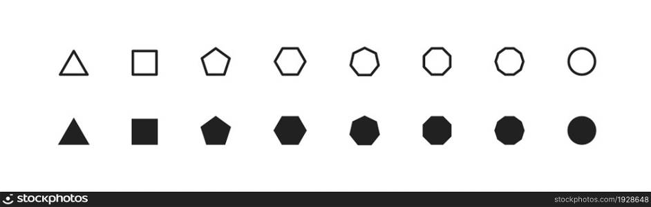 Basic geometric shape, simple icon set. Octagon, hexagon, pentagon, decagon, triagle symbol in vector flat style.