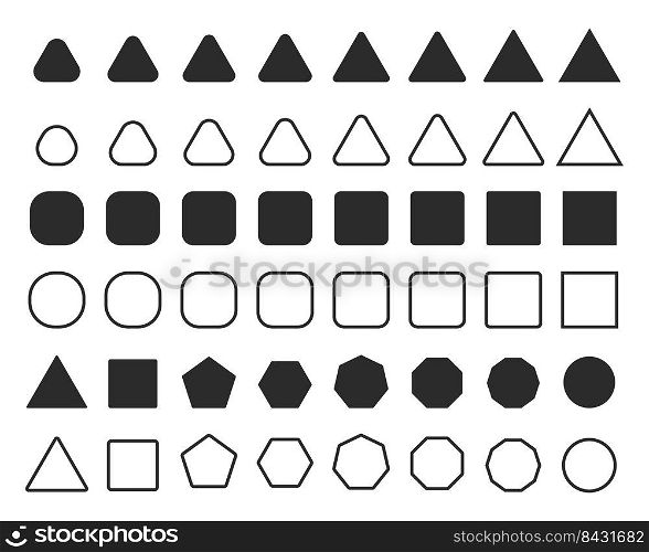 Basic geometric shapes. Simple circular triangle square shape wireframe border.