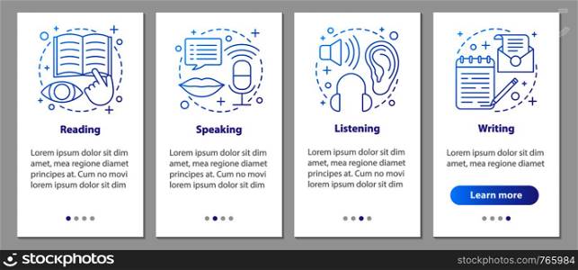 Basic language skills onboarding mobile app page screen with linear concepts. Reading, writing, speaking, listening steps graphic instructions. UX, UI, GUI vector template with illustrations. Basic language skills onboarding mobile app page screen with linear concepts