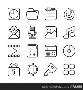 Basic line icon for smart phone interface or theme design, set 1 of 2. Editable stroke, vector isolated at white background