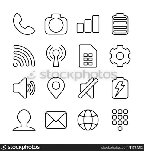 Basic line icon for smart phone interface or theme design, set 2 of 2. Editable stroke, vector isolated at white background