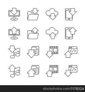 Basic Line Icon For User Interface and Web Hosting, Download and Upload Icon for computer, folder, cloud, smart phone, audio, video, document and software. Editable stroke vector