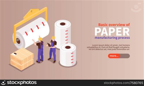 Basic overview of paper manufacturing process isometric horizontal web banner landing page with finished rolls vector illustration