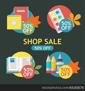 Basic RGB. School sale. Vector colorful illustration. Set of school supplies and autumn leaves. Poster for the stationery store and school supplies at the time of sale.