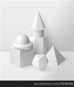 Basic shapes composition with triangle sphere and cube symbols realistic vector illustration
