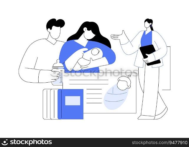 Basic skills for baby care abstract concept vector illustration. Future parents learning about baby care on pregnancy courses, newborn burping studying, first time mom and dad abstract metaphor.. Basic skills for baby care abstract concept vector illustration.