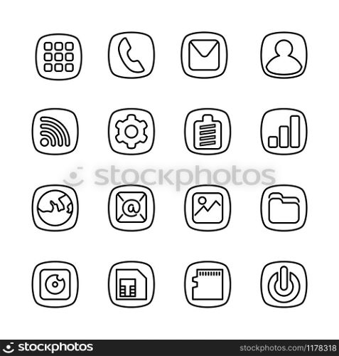 Basic smartphone icons line art style, square theme, editable stroke vector. Smartphone user interface theme