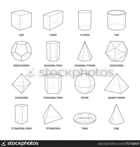 Basic stereometry shapes line set of cuboid octahedron pyramid prism cube cone cylinder torus isolated vector illustration