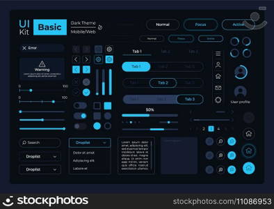 Basic system management UI elements kit. Editable isolated vector components. Navigation menu. Web design pack for mobile app, software with dark theme. Montserrat Light, Medium, Bold fonts used. Basic system management UI elements kit
