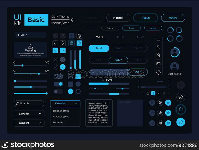 Basic system management UI elements kit. Editable isolated vector components. Navigation menu. Web design pack for mobile app, software with dark theme. Montserrat Light, Medium, Bold fonts used. Basic system management UI elements kit