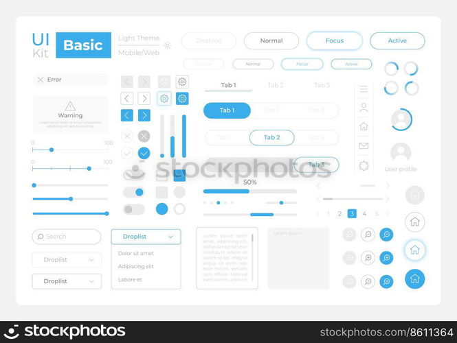 Basic system settings UI elements kit. Editable isolated vector components. Navigation. Web design widget pack for mobile app software with light theme. Montserrat Light, Medium, Bold fonts used. Basic system settings UI elements kit
