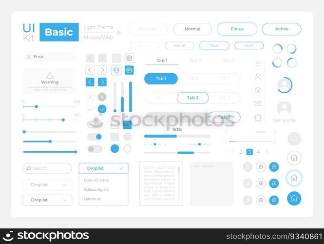 Basic system settings UI elements kit. Editable isolated vector components. Navigation. Web design widget pack for mobile app software with light theme. Montserrat Light, Medium, Bold fonts used. Basic system settings UI elements kit