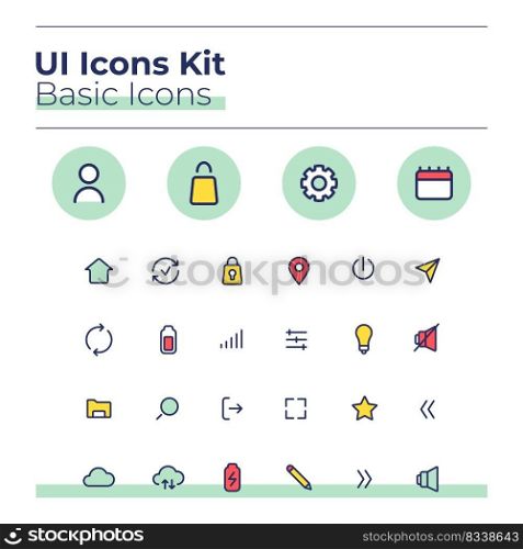 Basic UI icons kit. Settings color vector symbols set. Upload file to cloud with wi fi. Option mobile app buttons in green circles pack. Web design elements collection. Basic UI icons kit